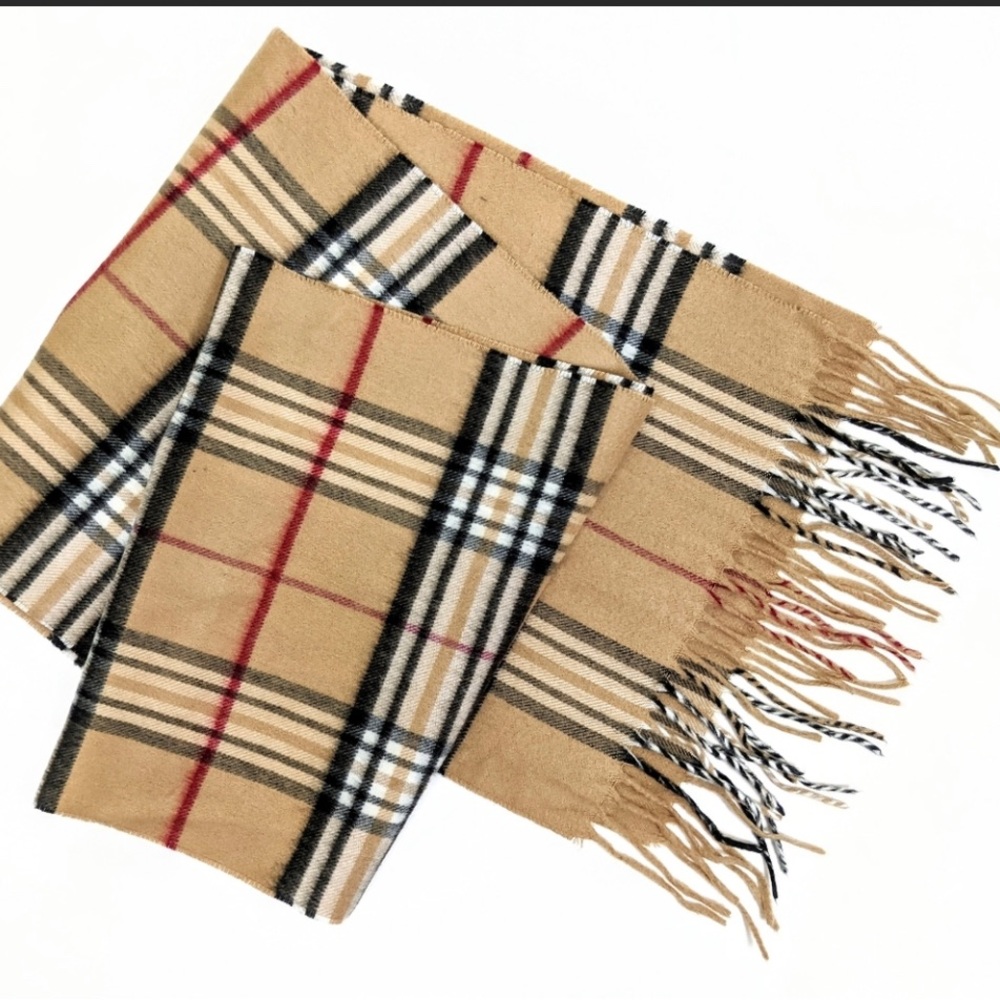 V. FRAAS Tan Cashmink Tartan Plaid Scarf Made in Germany Unisex